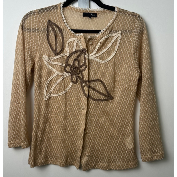 Ryu SZ L Button Down Knit Cardigan Floral Crochet Embroidered Long Sleeve D34 - Picture 1 of 7